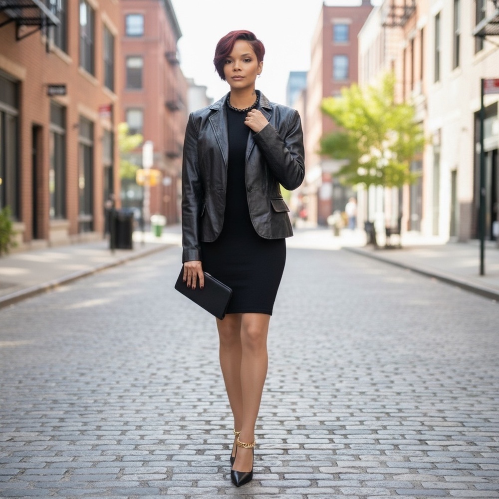Elegant Black Leather Jacket with a Black Form Figured Dress.☑️